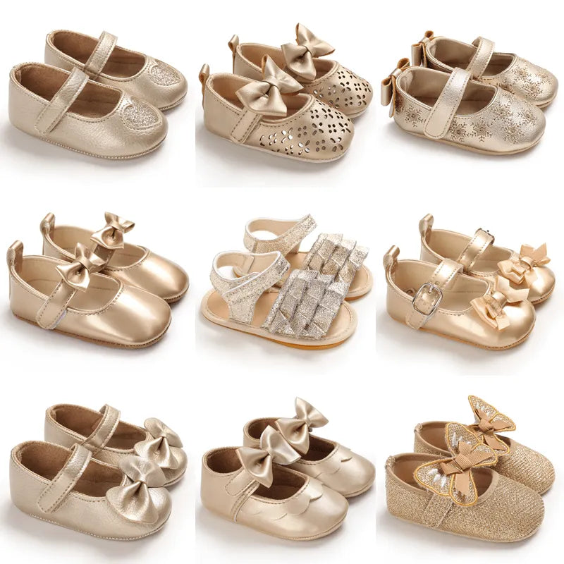 Golden Baby Girl Baptism Walking Shoes